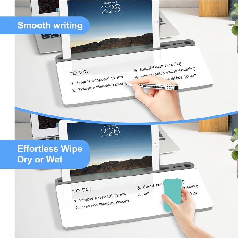WALGLASS لوحة بيضاء زجاجية مكتبية مع تخزين، لوحة بيضاء جافة رمادية مع حامل لوحة مفاتيح الكمبيوتر، منظمات مكتبية وإكسسوارات مع أقسام قابلة للإزالة للمكتب، المنزل، الكلية، المدرسة - Image 4